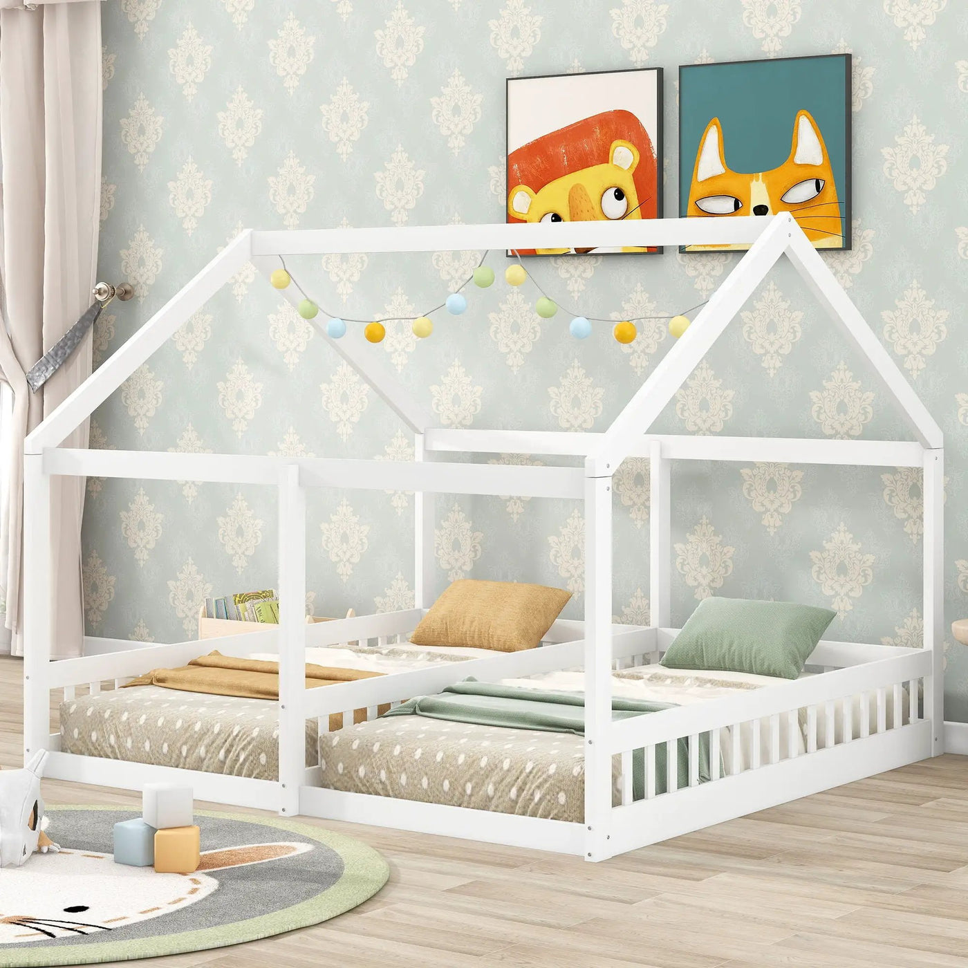 House Platform Beds, 2 Shared Beds, Metal Frame With Guardrails by HouseOfZazla