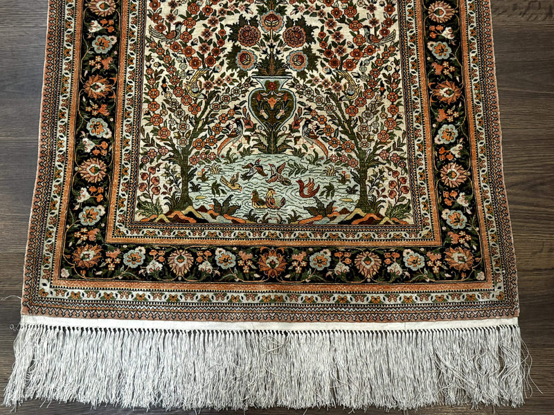 Exceptional Silk Rug 2.6 x 4, Very Fine 630 KPSI, Persian Vase Tree of Life Bird Pictorials, Handmade by Jewel Rugs