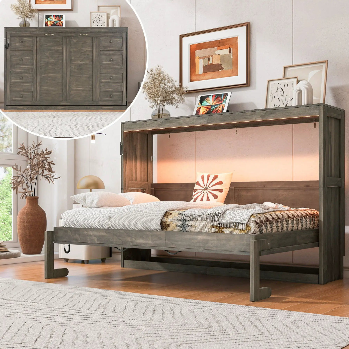 Murphy Bed With LED Light, Foldable Wall Bed Cabinet by Unique Piece Furniture