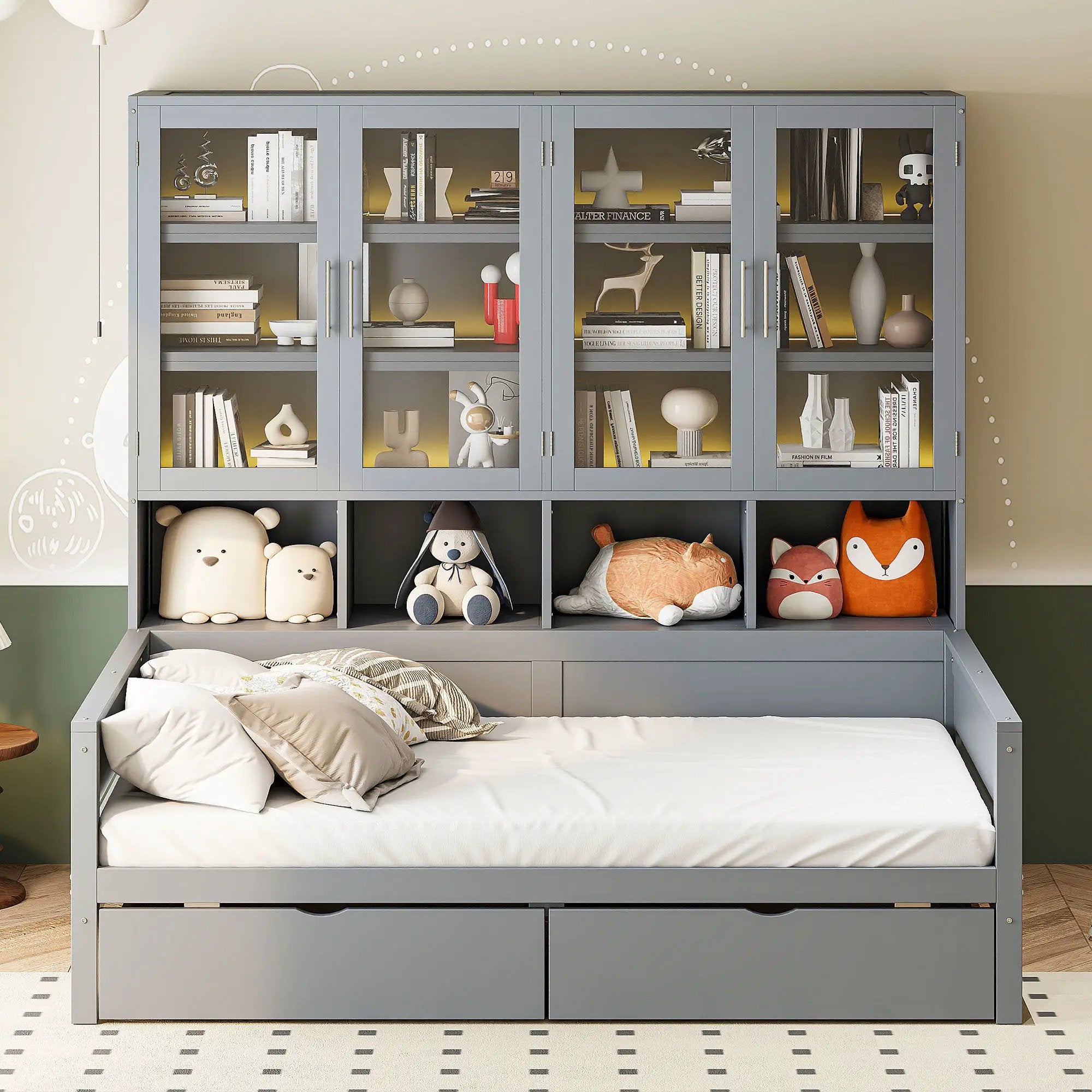 Daybed With Glass Door Storage Cabinets, Built In LED Lighting And Shelves by Unique Piece Furniture