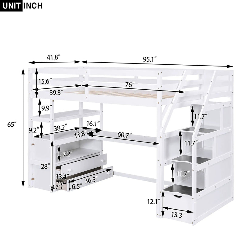 Loft Bed With Desk, Shelves, 2 Drawers, Storage Staircase by HouseOfZazla