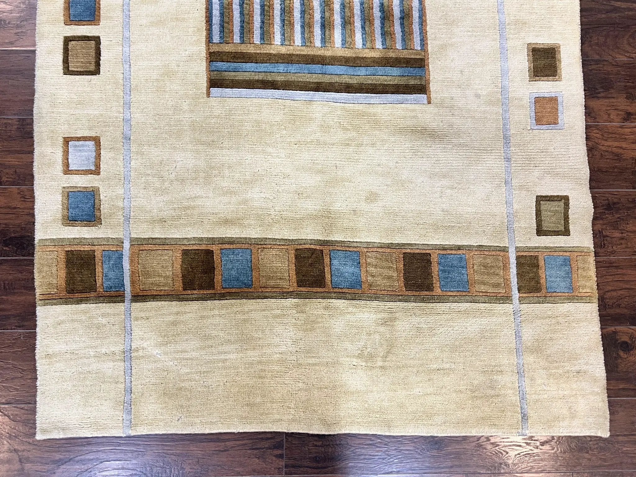 Tibetan Rug 5x8, Contemporary Rug 5 x 8 ft, Cream Brown Blue Hand-Knotted Wool w/ Silk Highlights Tibetan Carpet, Modern Rug by Jewel Rugs