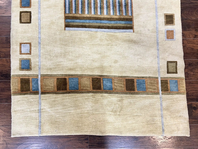 Tibetan Rug 5x8, Contemporary Rug 5 x 8 ft, Cream Brown Blue Hand-Knotted Wool w/ Silk Highlights Tibetan Carpet, Modern Rug by Jewel Rugs