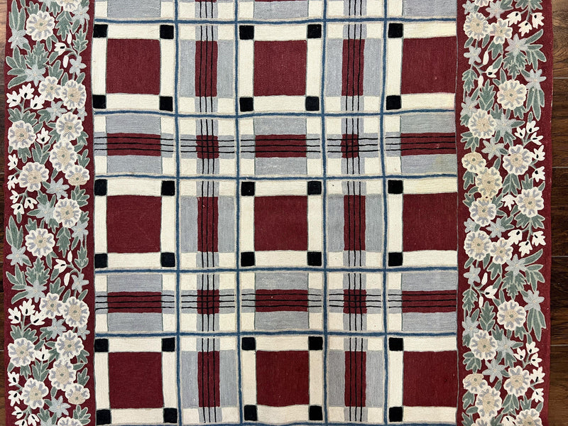 Indian Hand Stitched Rug 4x6, Vintage Carpet, Checkerboard Floral Pattern, Maroon Ivory, Flatweave, Wool by Jewel Rugs