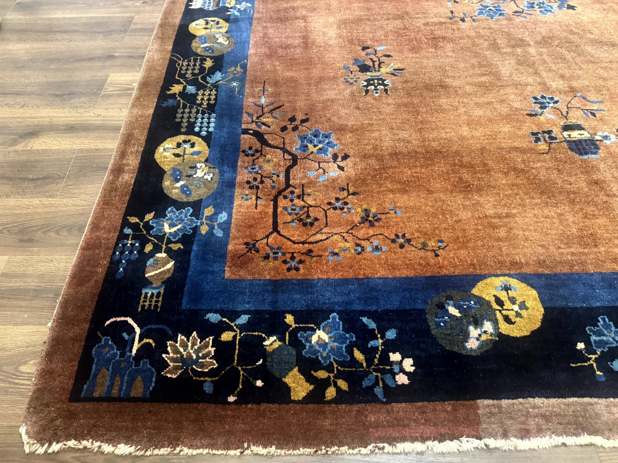Antique Chinese Wool Rug 9x12, Light Brown and Navy Blue, Fete Peking Art Deco by Jewel Rugs
