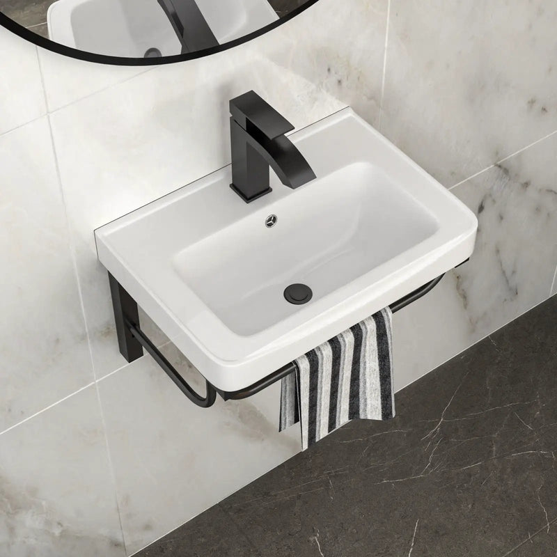 Wall Mounted Rectangular Bathroom Sink With 304 Stainless Steel Towel Bar & Overflow - White by Unique Piece Furniture
