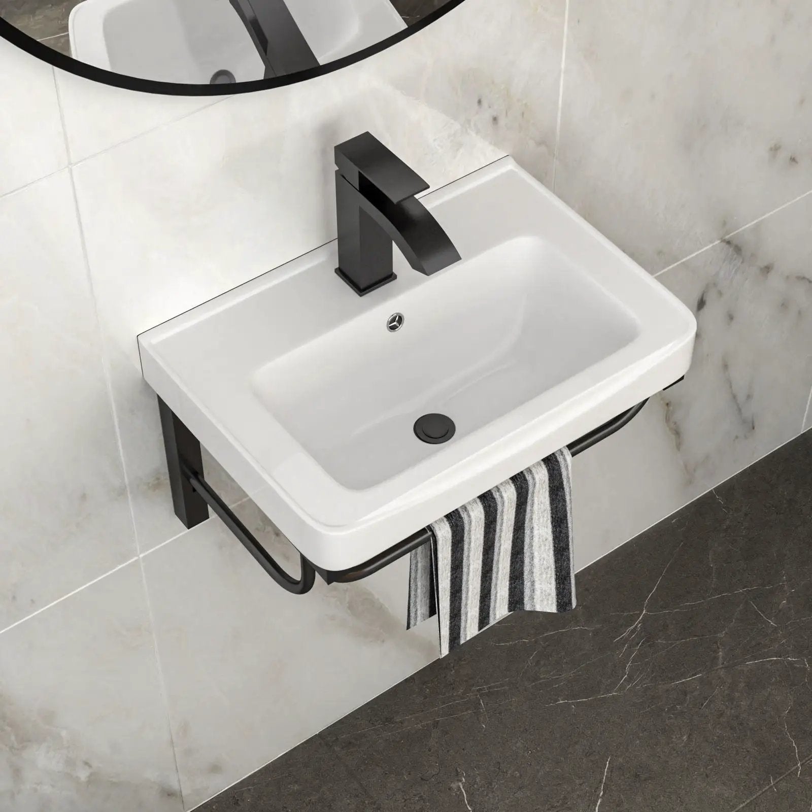 Wall Mounted Rectangular Bathroom Sink With 304 Stainless Steel Towel Bar & Overflow - White by HouseOfZazla