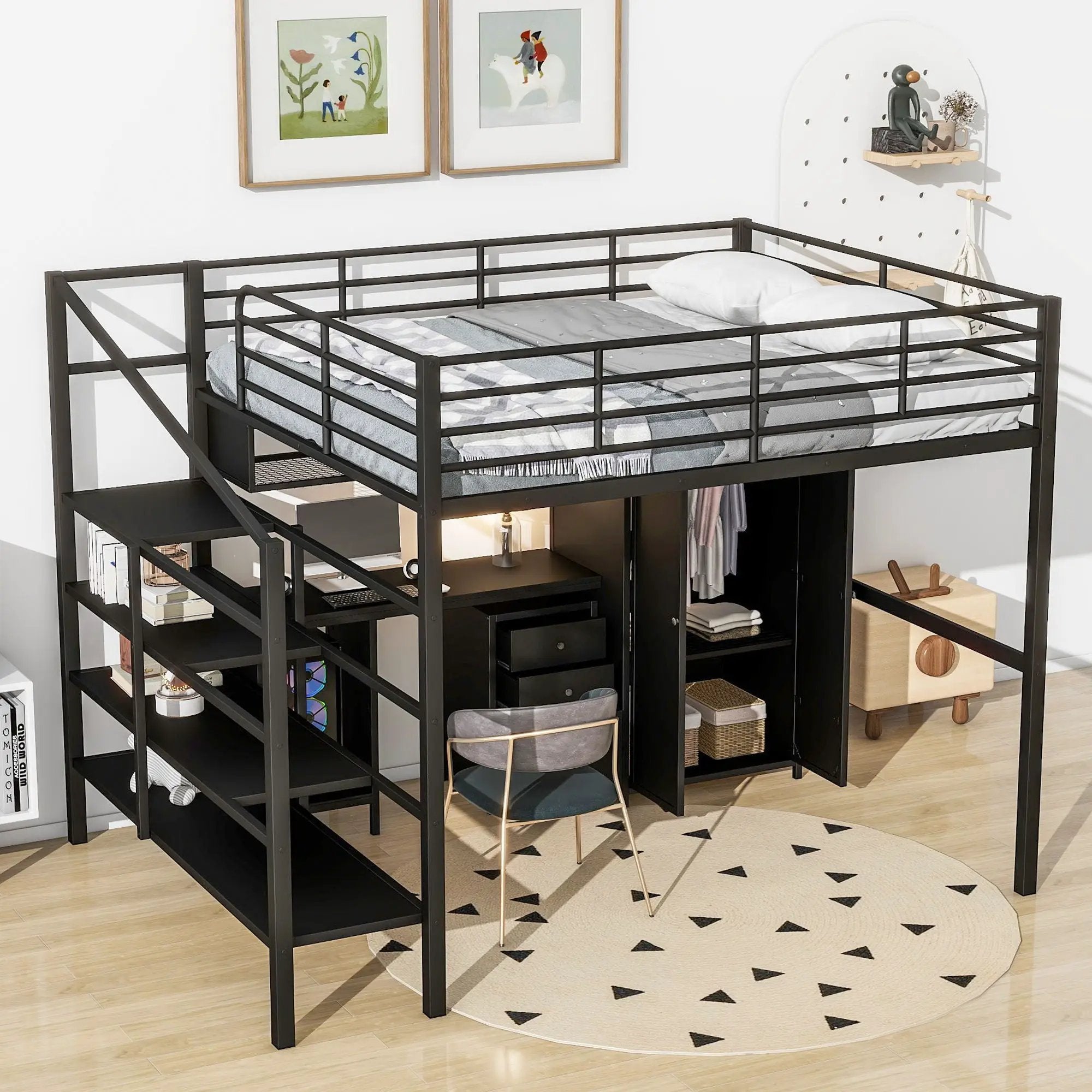 Full Size Loft Bed With Desk Set And Wardrobe - Black by HouseOfZazla