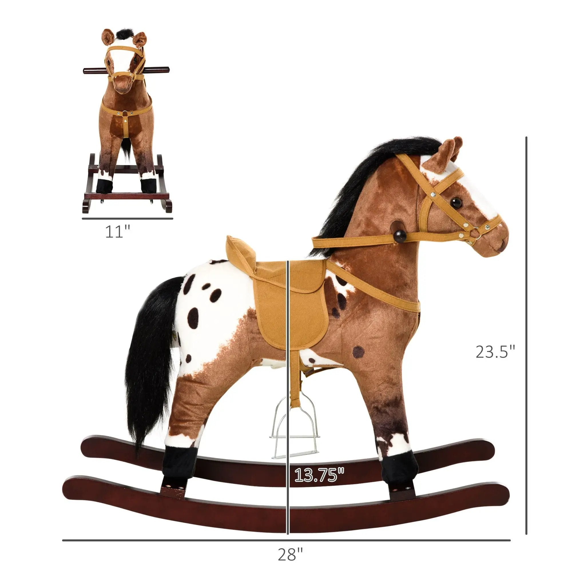 Qaba - Kids Metal Plush Ride-On Rocking Horse Chair Toy With Realistic Sounds - Dark Brown / White by Unique Piece Furniture