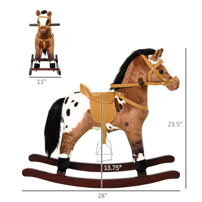 Qaba - Kids Metal Plush Ride-On Rocking Horse Chair Toy With Realistic Sounds - Dark Brown / White by HouseOfZazla