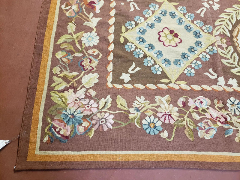 Aubusson Rug 6 x 9 Flat Weave Area Carpet European Design Flowers New Brown Rug Handmade Wool Hand-Knotted Aubusson Weave Medium Rug 6x9 by Jewel Rugs
