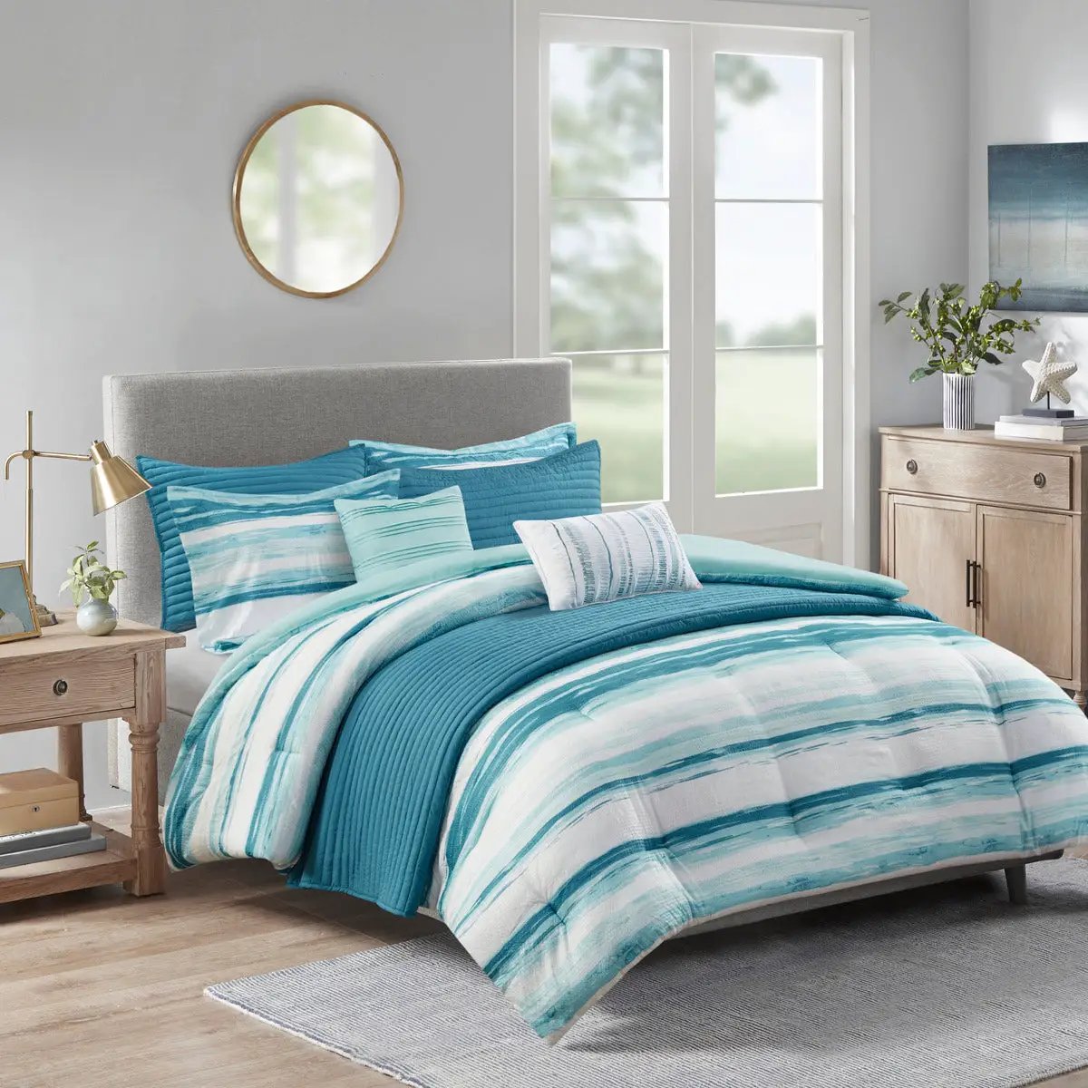 8 Piece Printed Seersucker Comforter and Quilt Set Collection Aqua King/Cal King by HouseOfZazla