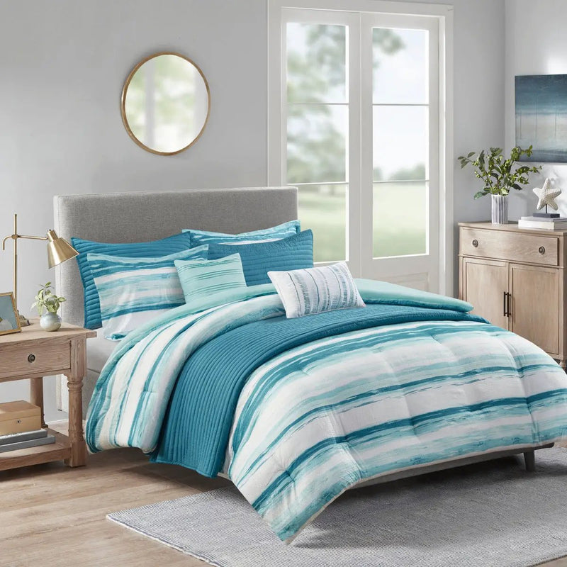 8 Piece Printed Seersucker Comforter and Quilt Set Collection Aqua King/Cal King by HouseOfZazla
