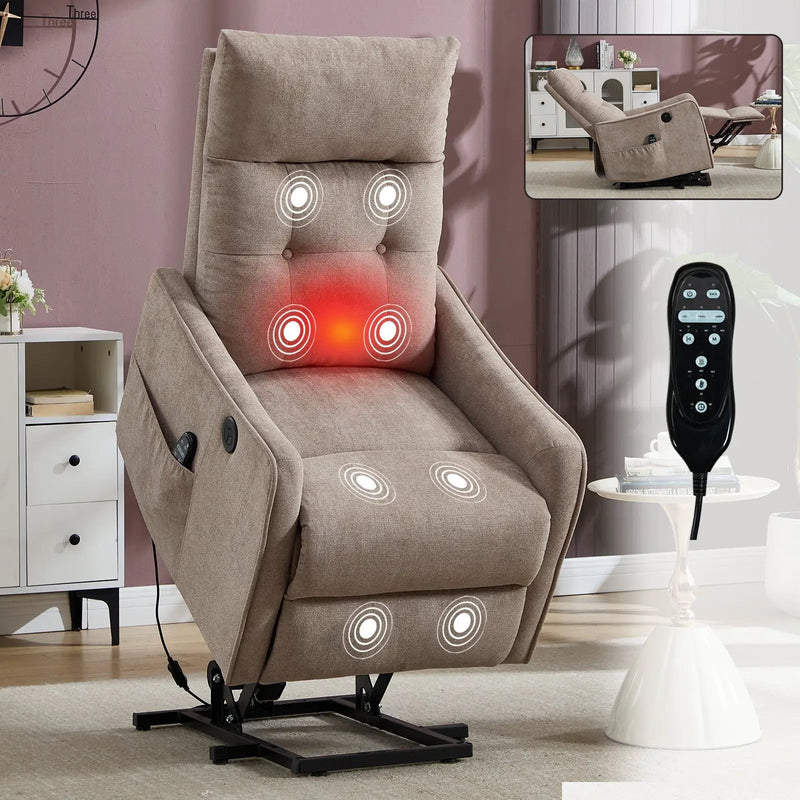 Khaki Chenille Power Lift Recliner Chair with Massage and Heat by HouseOfZazla