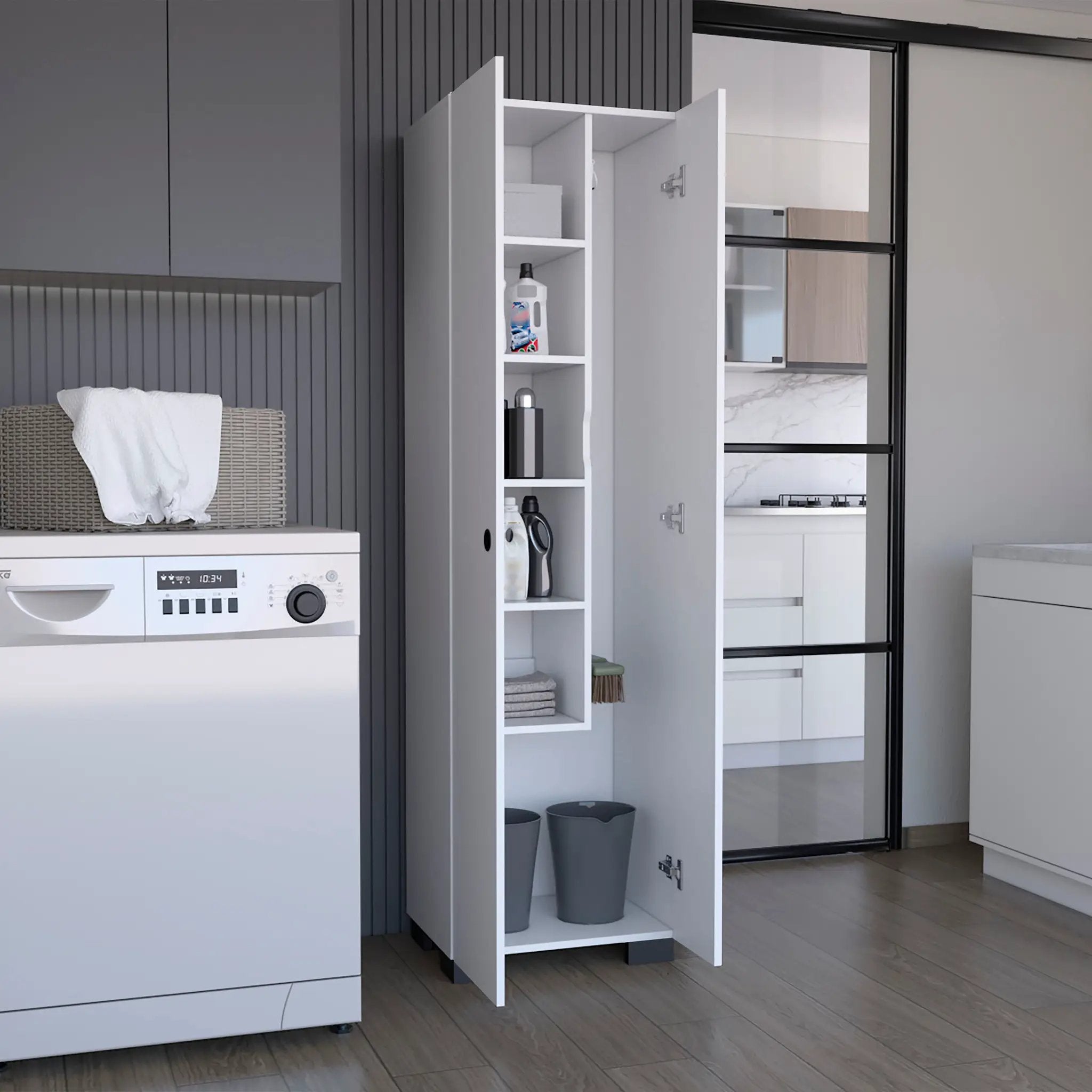 Attica Broom Cabinet Double-Door Design with Inner Shelves and Side Hangers by HouseOfZazla