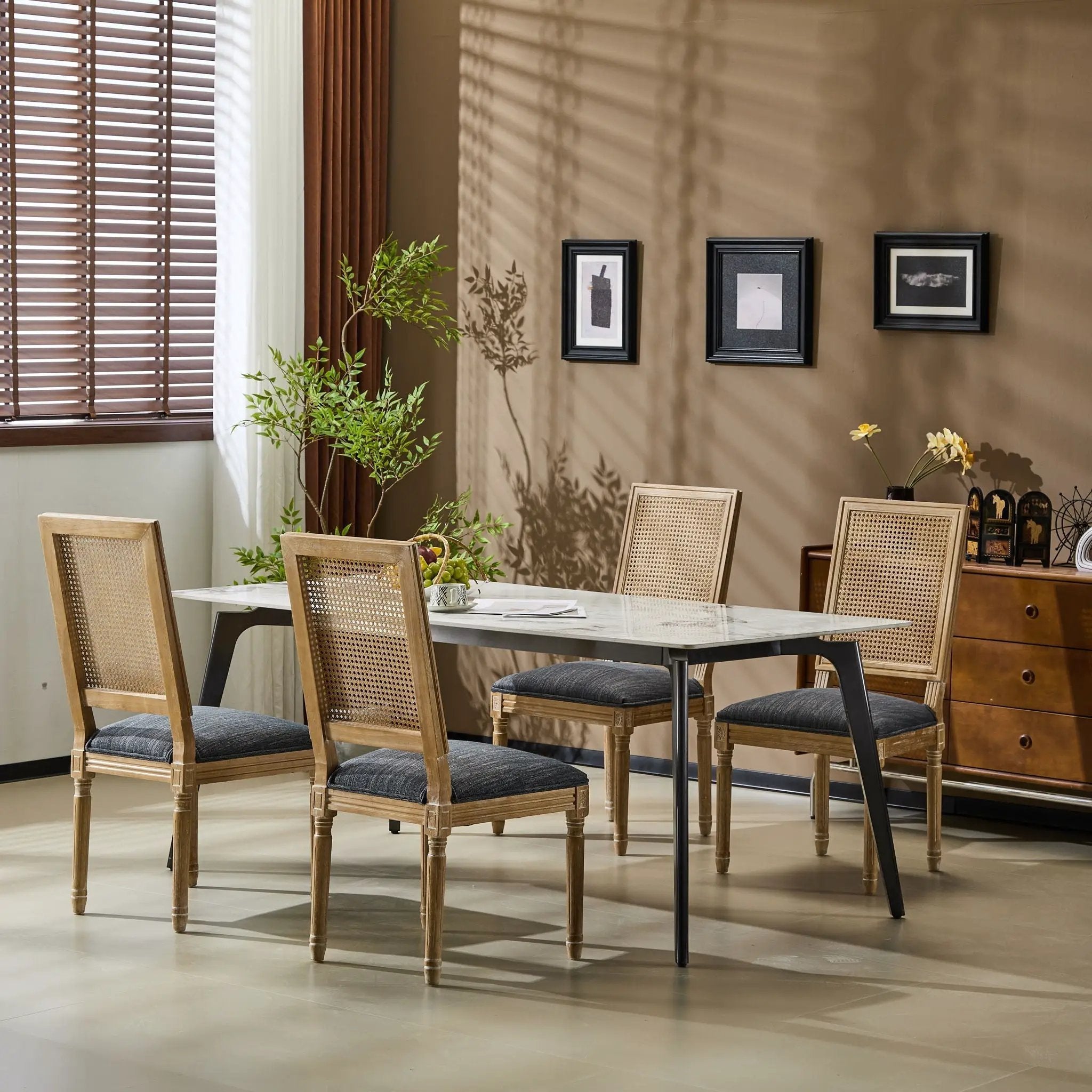 French Country Dining Chair With Rectangular Cane Backrest And Smooth Upholstered Seating by HouseOfZazla