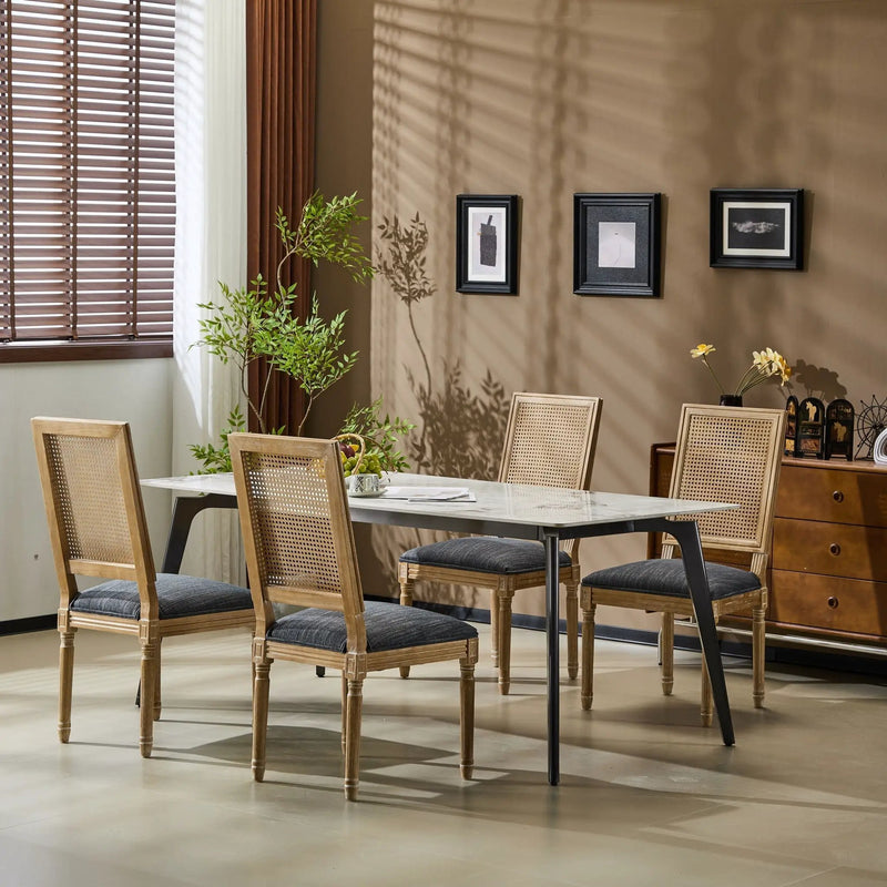French Country Dining Chair With Rectangular Cane Backrest And Smooth Upholstered Seating by HouseOfZazla