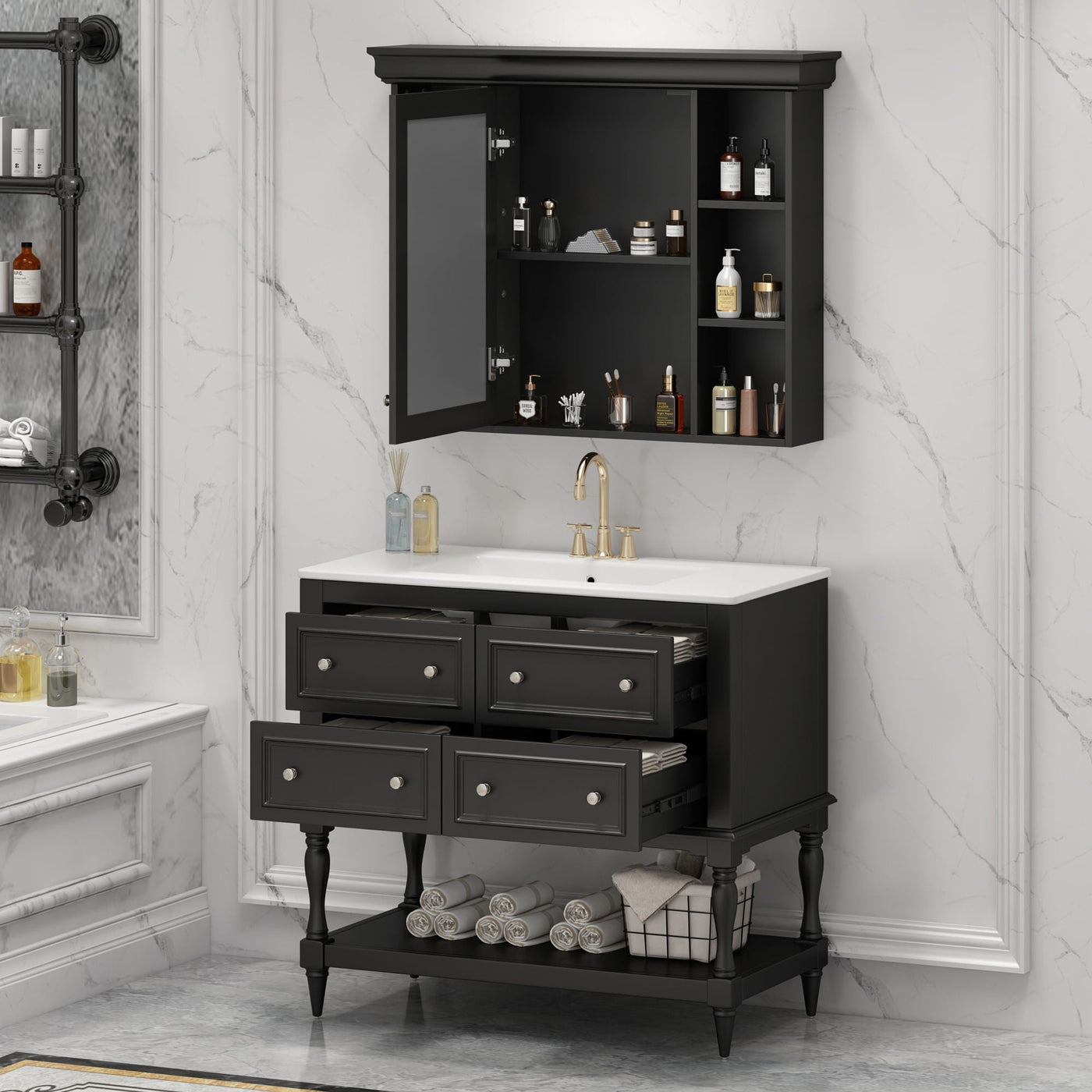 Bathroom Vanity With Medicine Cabinet, Storage Cabinet With 4 Drawers, Adjustable Shelf Mirror by Unique Piece Furniture