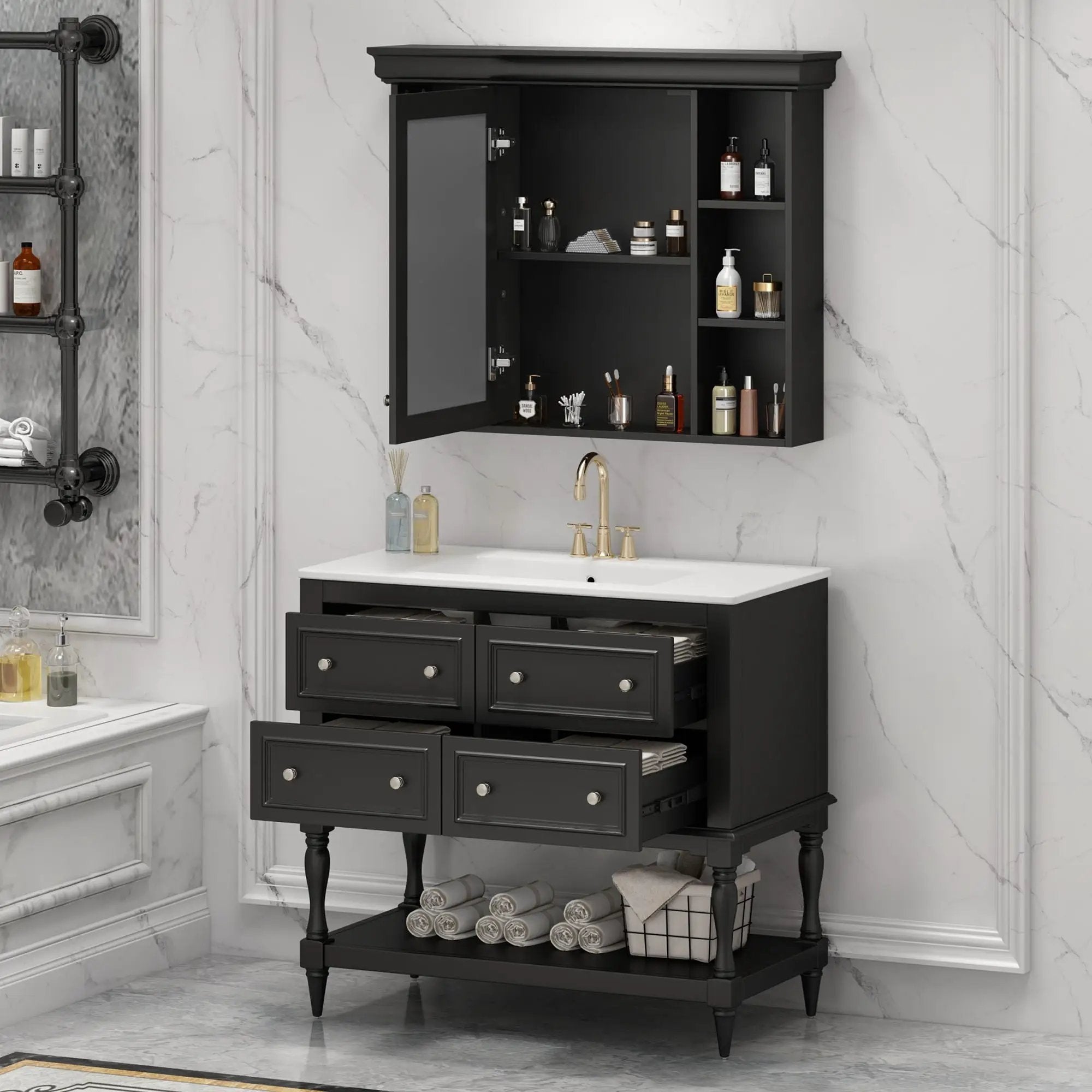 Bathroom Vanity With Medicine Cabinet, Storage Cabinet With 4 Drawers, Adjustable Shelf Mirror by Unique Piece Furniture