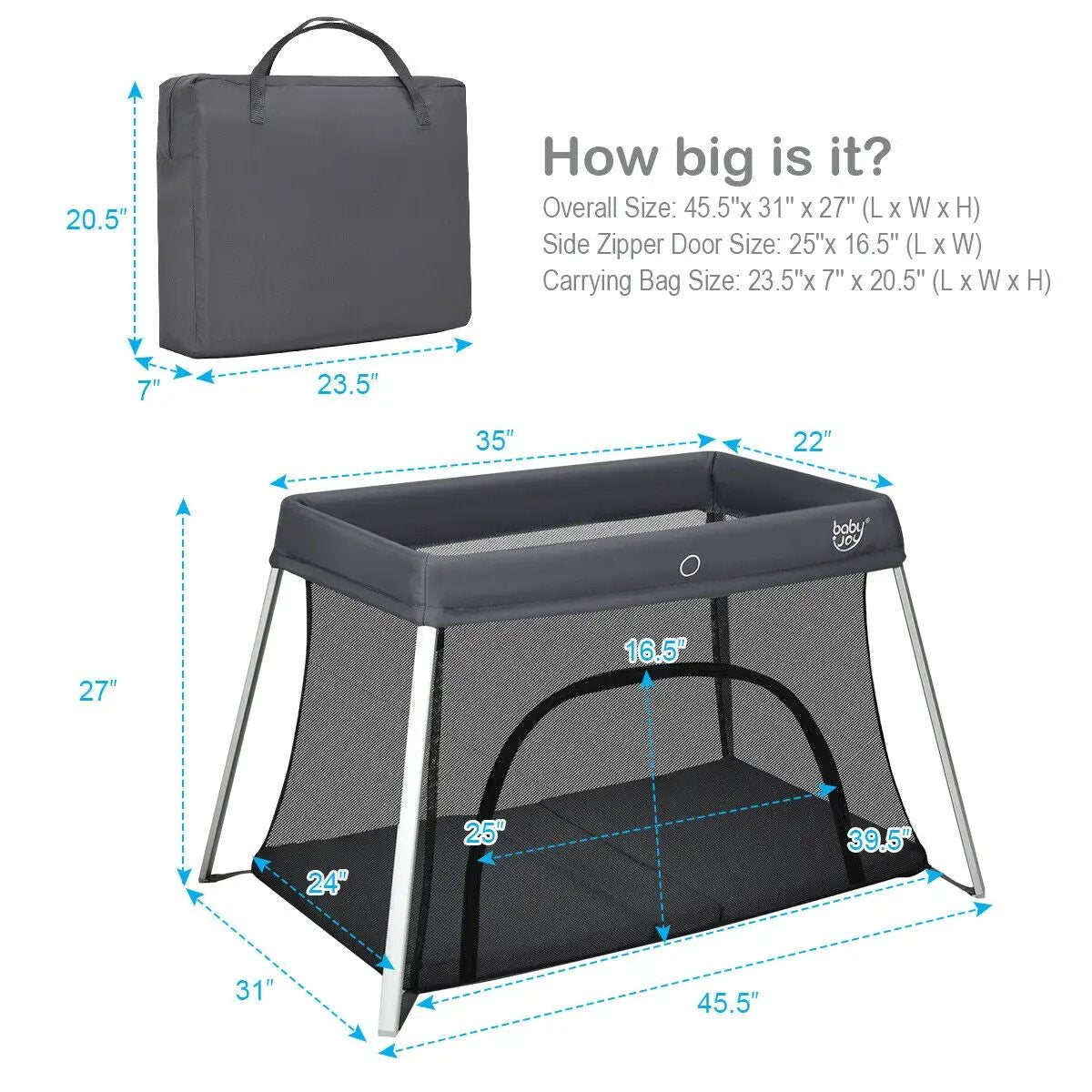 Lightweight Foldable Baby Playpen w/ Carry Bag-Dark Gray by DirectDeals