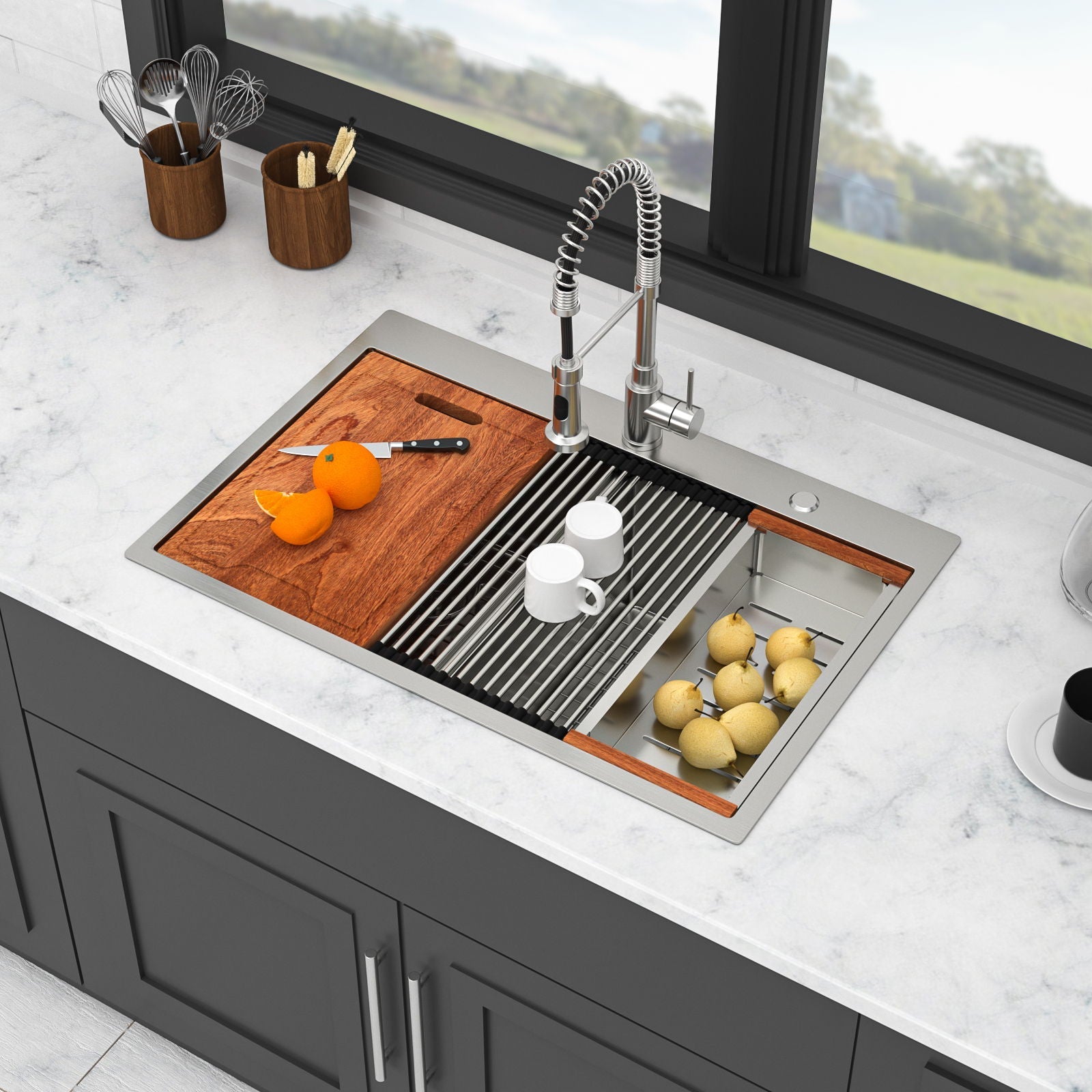 Topmount Drop In Kitchen Sink, Double Bowl 50 / 50 - Brushed Nickel by HouseOfZazla