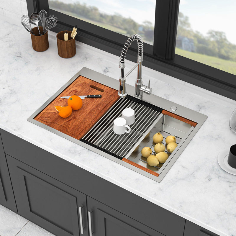Topmount Drop In Kitchen Sink, Double Bowl 50 / 50 - Brushed Nickel by HouseOfZazla