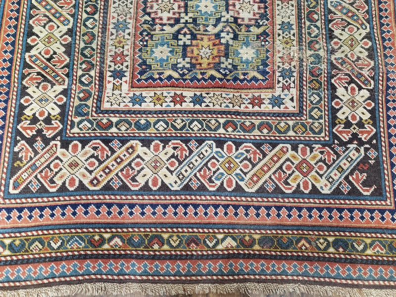 Caucasian Rug 3'9" x 5'7", Antique 1920s Collectible Caucasian Chi Chi Carpet, Hand Knotted, Colorful, Dark Blue Cream Red, Wool, Small Rug by Jewel Rugs
