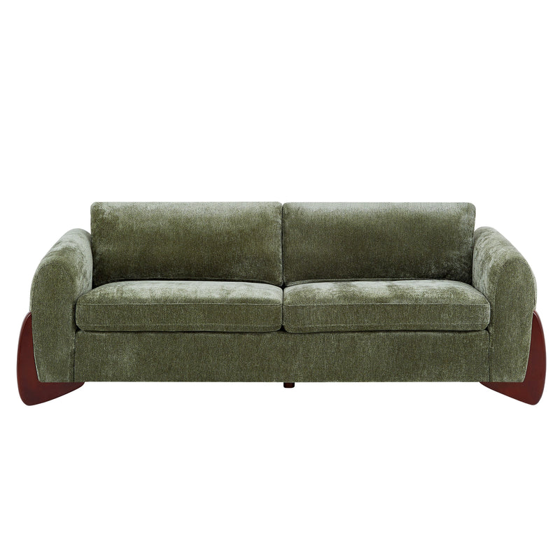 89"L Chenille Sofa with Wooden Legs – Olive by HouseOfZazla