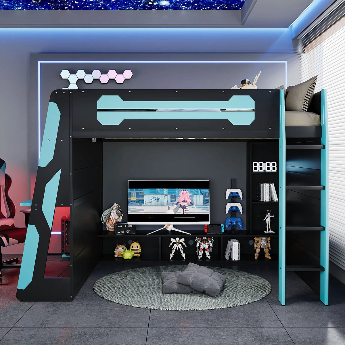 Full Size Wood Loft Bed with Desk, Multi-storage Shelves and RGB Light, photo 2 of 10