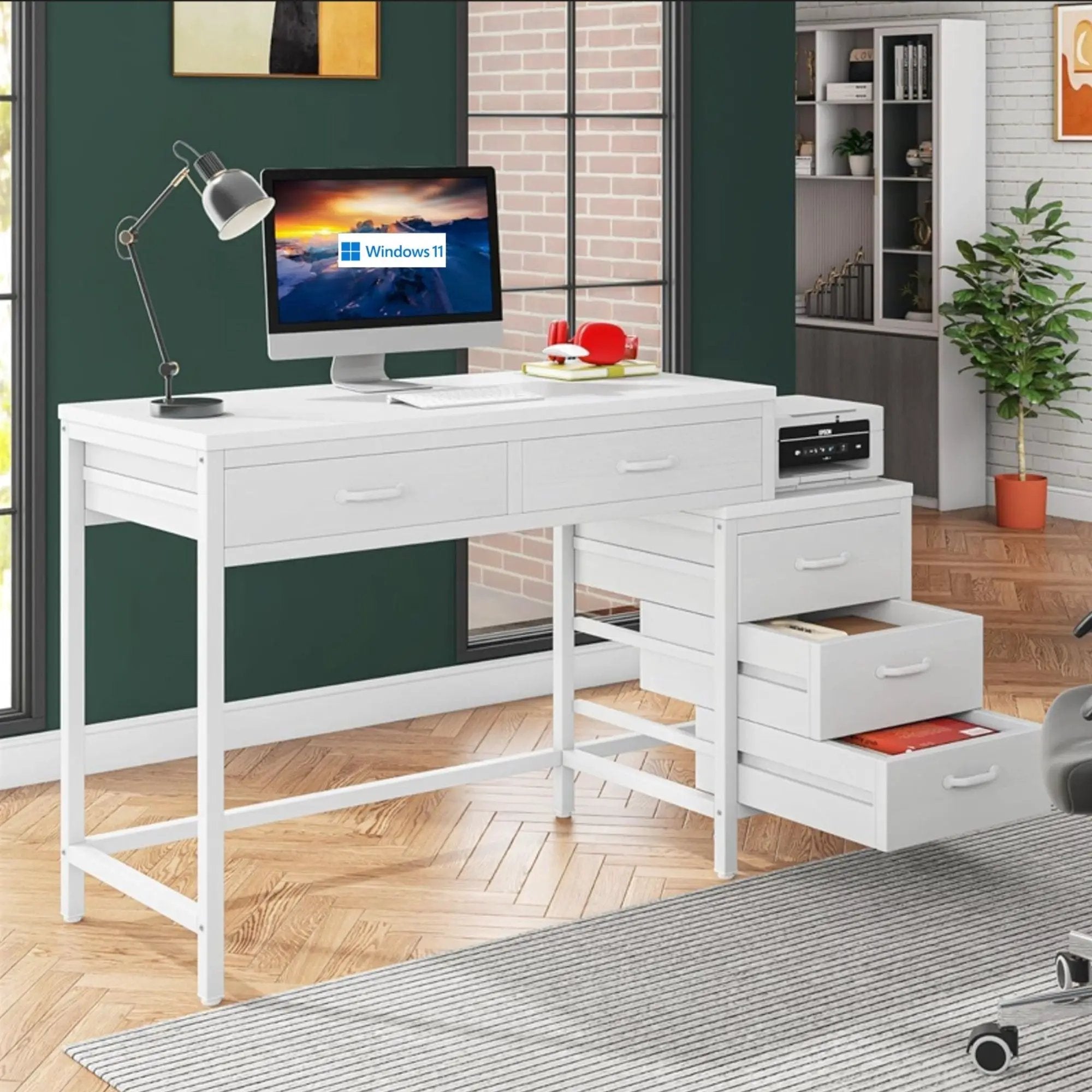 Computer Desk With Reversible 5 Drawer Storage, Frame Writing Table For Small Spaces