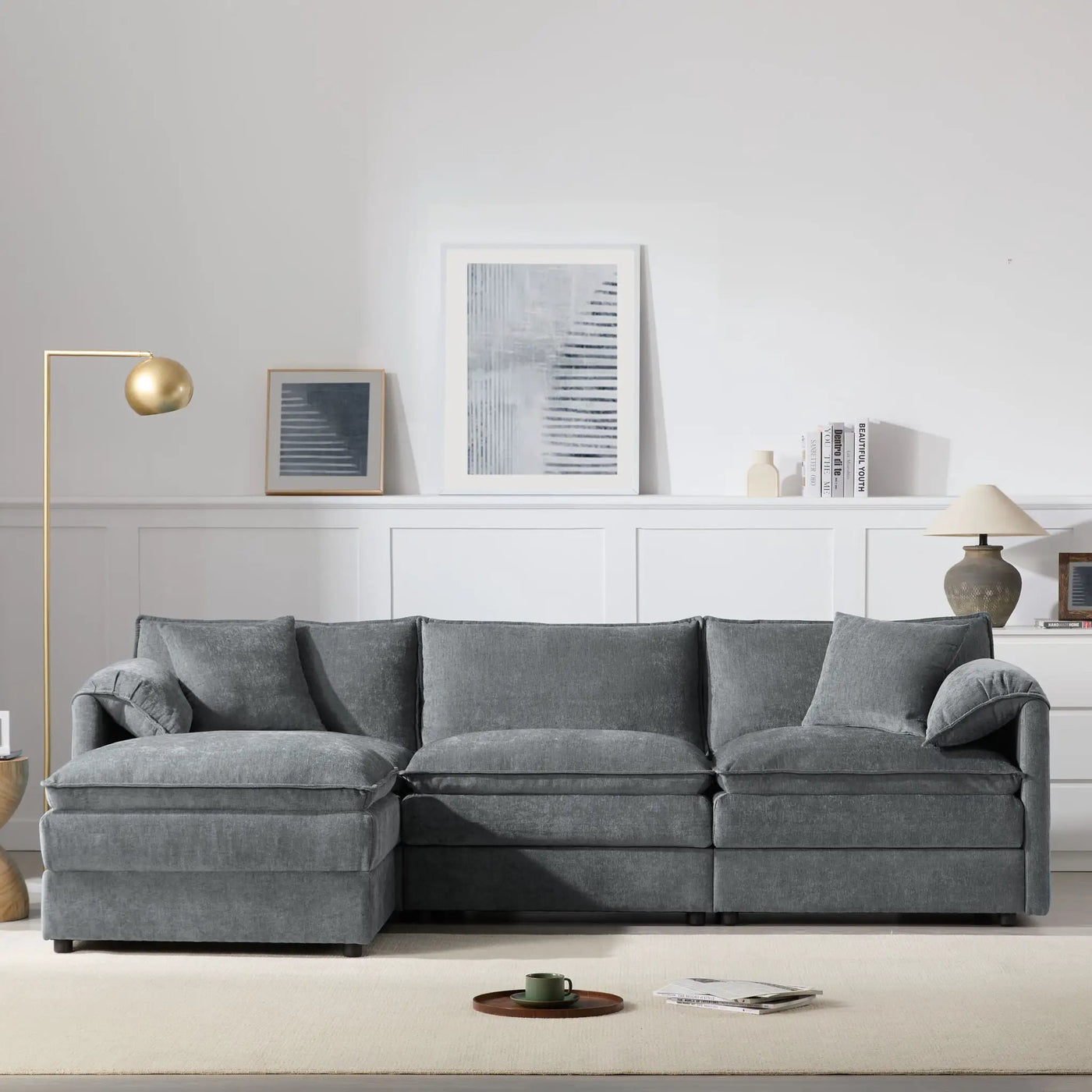 Modular Sectional With Deep And Wide Seat, Cloud Couch Set With Double Cushions Sofa With Movable Ottoman by Unique Piece Furniture