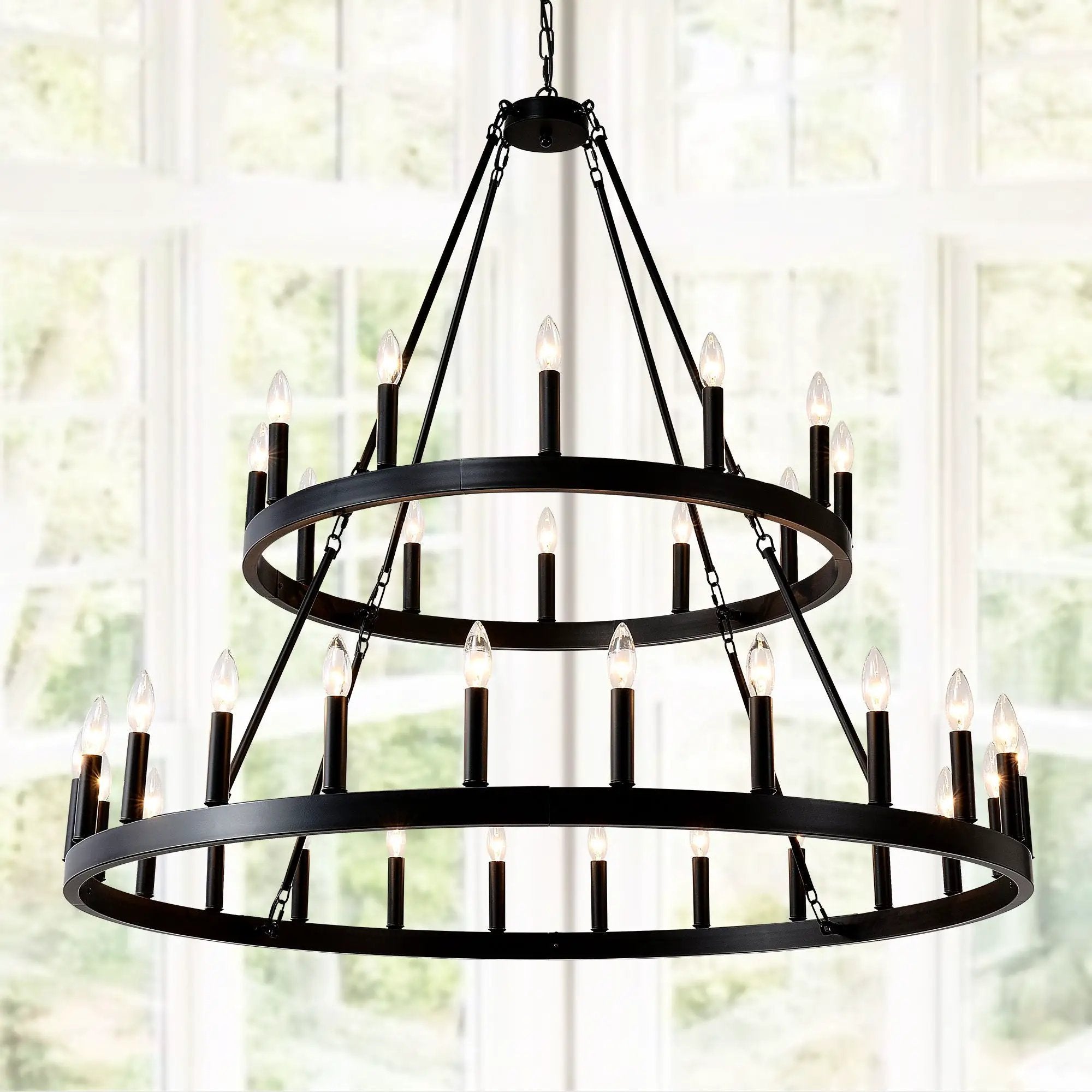 2 Tiers Wagon Wheel Chandelier Wooden Farmhouse 36 Light (24 / 12) Or (12 / 24) Metal Chandeliers 2 Story Light Fixtures Industrial For High Ceiling Living Dining Room Foyer, Adjustable Height - Black by HouseOfZazla