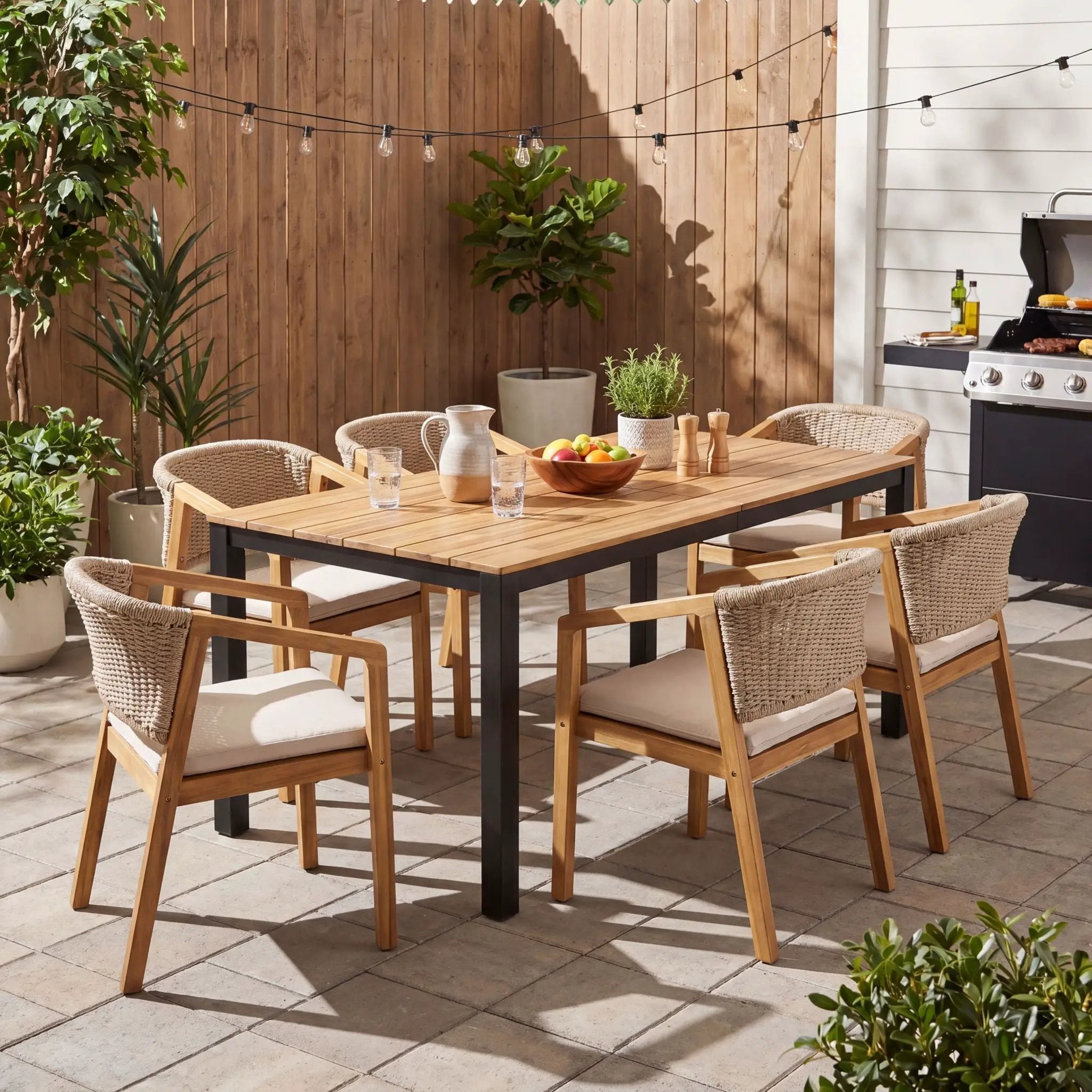 7 Piece Outdoor Dining Set With Table And 6 Chairs - Beige / Brown Mix / Light Teak / Teak by HouseOfZazla