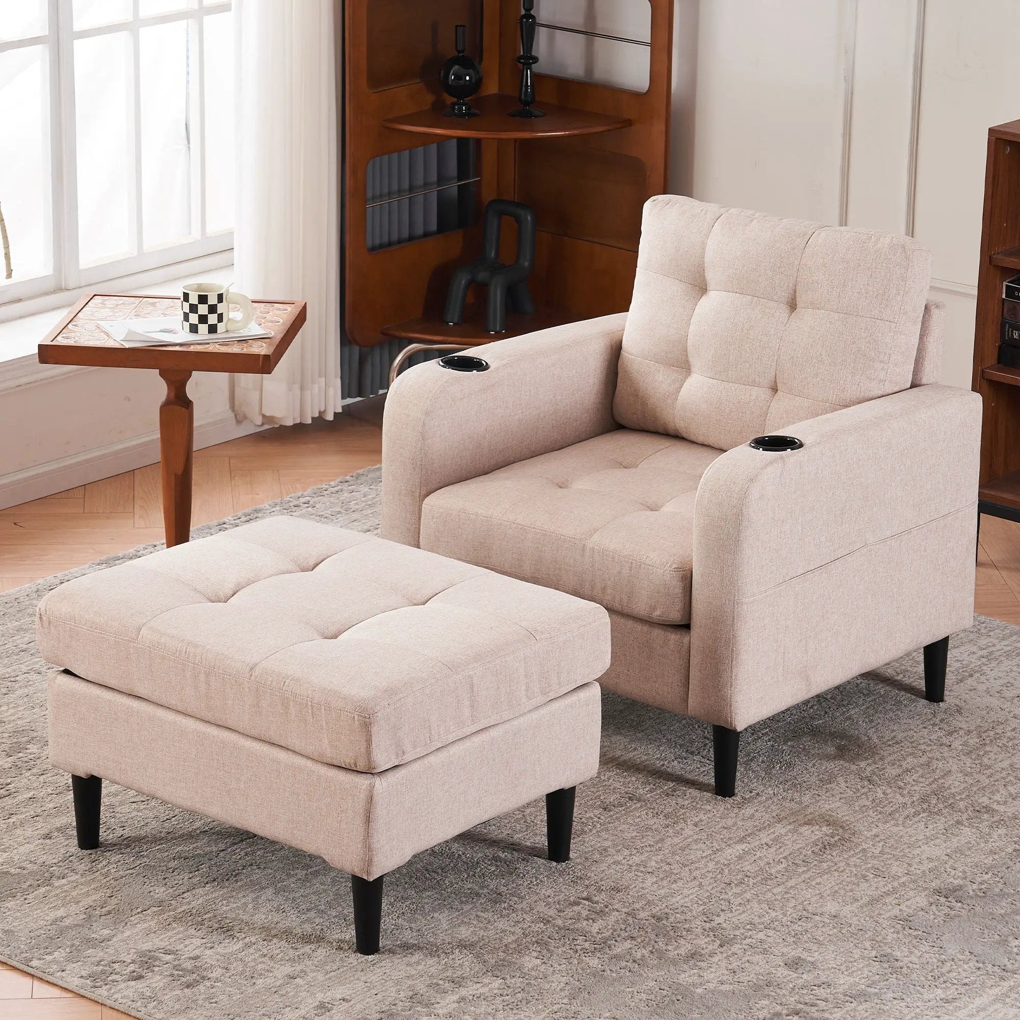 Upholstered Armchair And Storage Ottoman Set, Comfortable Single Sofa With Cup Holders And Tufted Detailing, Ideal For Living Room Or Bedroom by HouseOfZazla