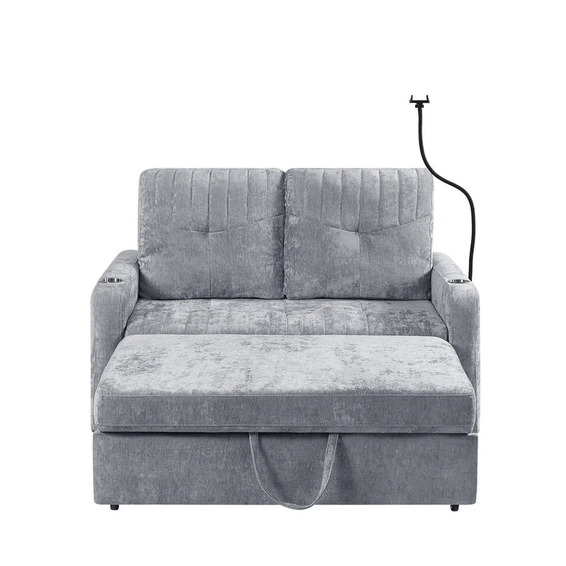 Modern Loveseat Pull Out Sofa Bed With Adjustable Backrest, Two Cup Holders, A Phone Holder, Three Charging Ports And Side Storage Pockets For Living Room by HouseOfZazla