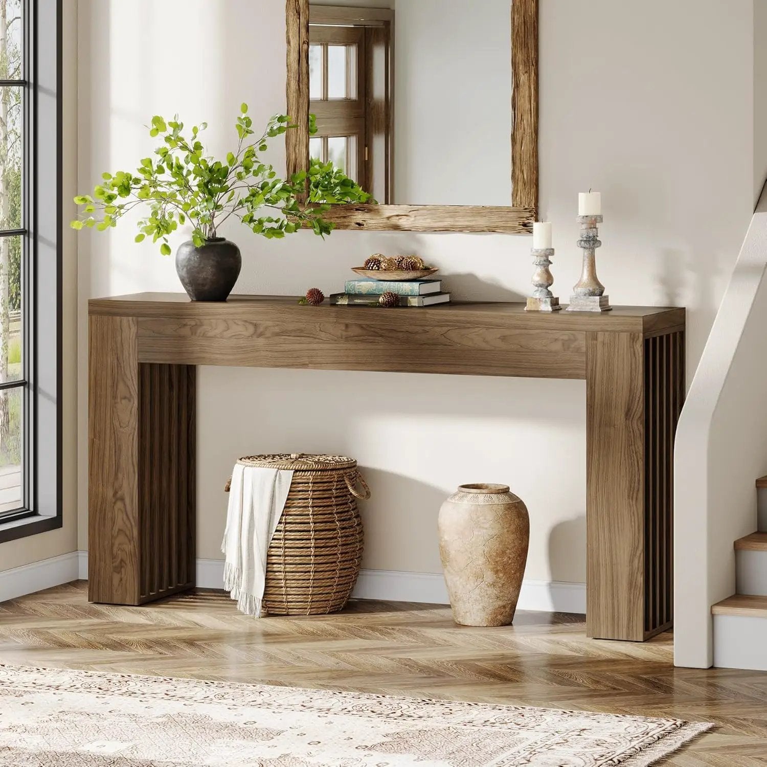 Console Table With Vertical Slat Legs For Entryway - Rustic Brown by HouseOfZazla