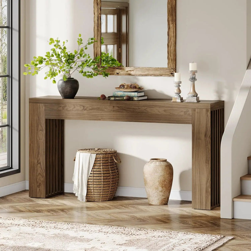 Console Table With Vertical Slat Legs For Entryway - Rustic Brown by HouseOfZazla