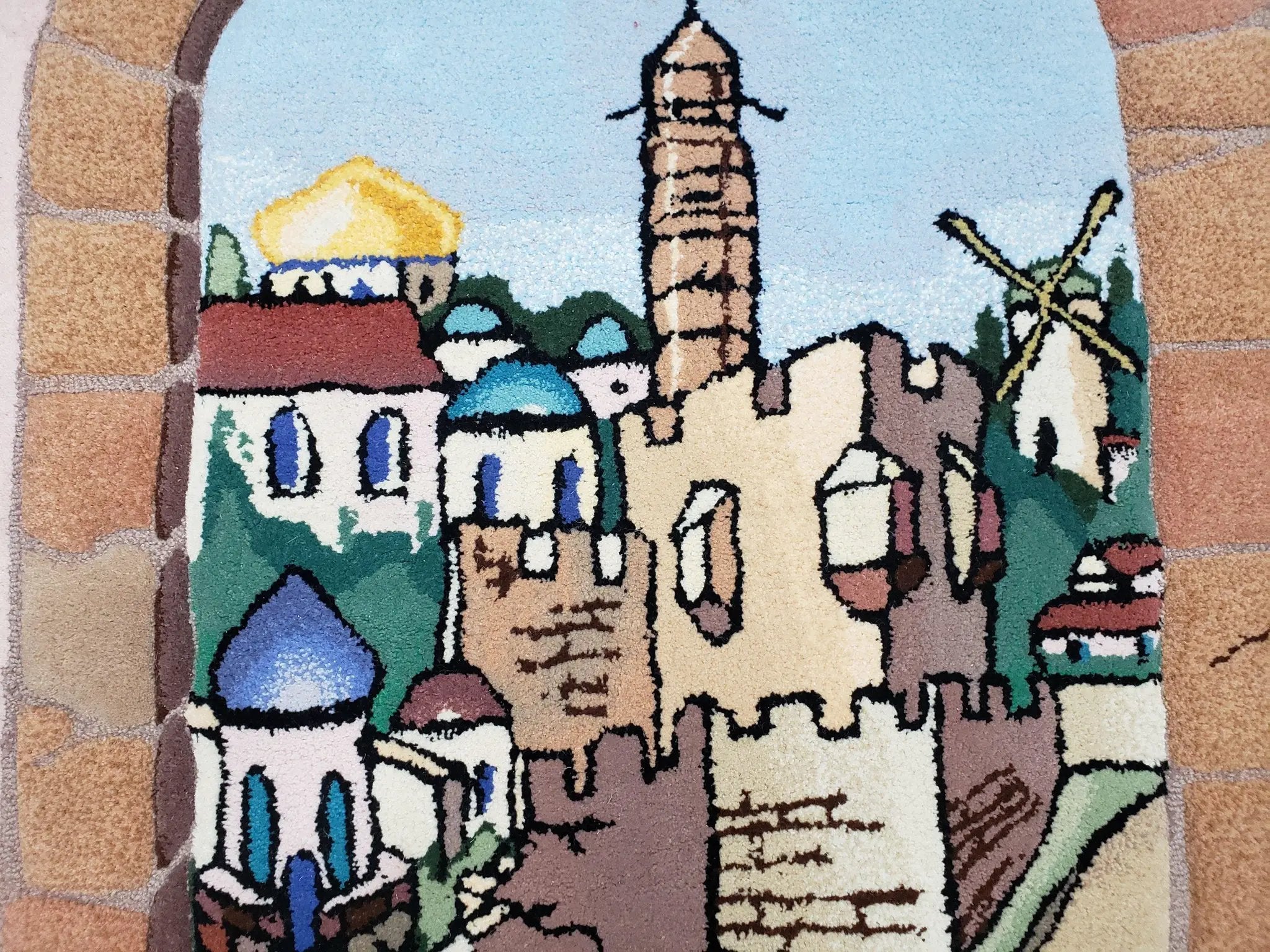 Small Judaica Rug, Rug with Jerusalem Pictorial, Chanuka Gift, Hand-Tufted, Jerusalem Gate, Vintage Judaica, Western Wall Rug, 3x4 Rug by Jewel Rugs