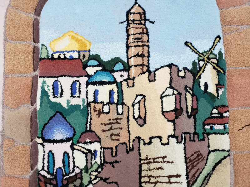 Small Judaica Rug, Rug with Jerusalem Pictorial, Chanuka Gift, Hand-Tufted, Jerusalem Gate, Vintage Judaica, Western Wall Rug, 3x4 Rug by Jewel Rugs