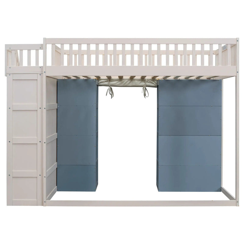 Full Size Loft Bed With 2 Four Layer Storage Cabinets And Curtain With Built In Staircase And Privacy Curtain - White by HouseOfZazla