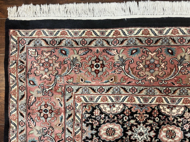 Indo Persian Rug 9x12, Vintage Handmade Wool Carpet, Repeated Allover Motif, Navy Blue and Pink by Jewel Rugs