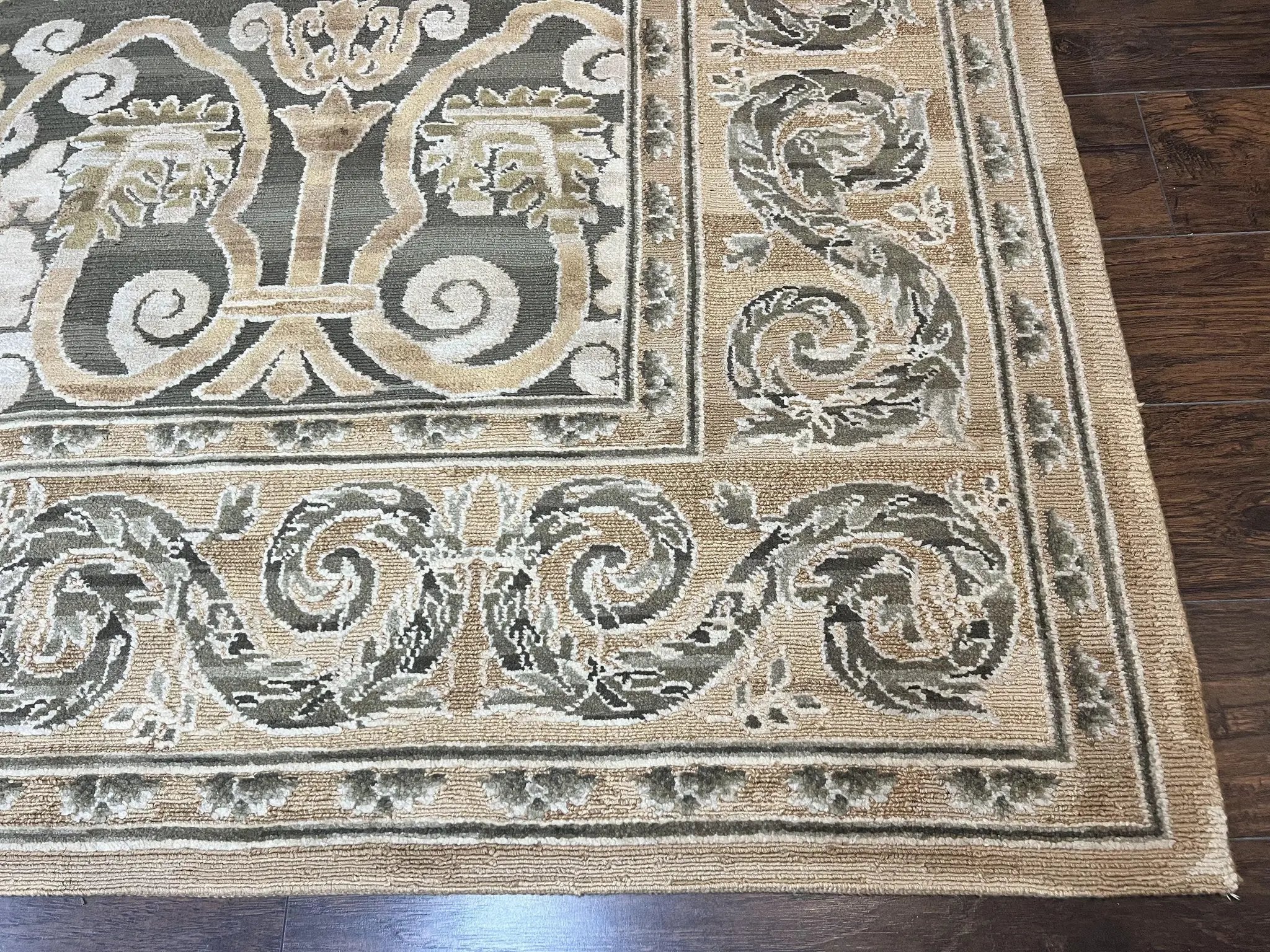 Spanish Rug 11x14, Wool Hand Knotted Vintage Carpet, Olive Green and Beige, Floral Allover, European Design, 11 x 14 Rug by Jewel Rugs