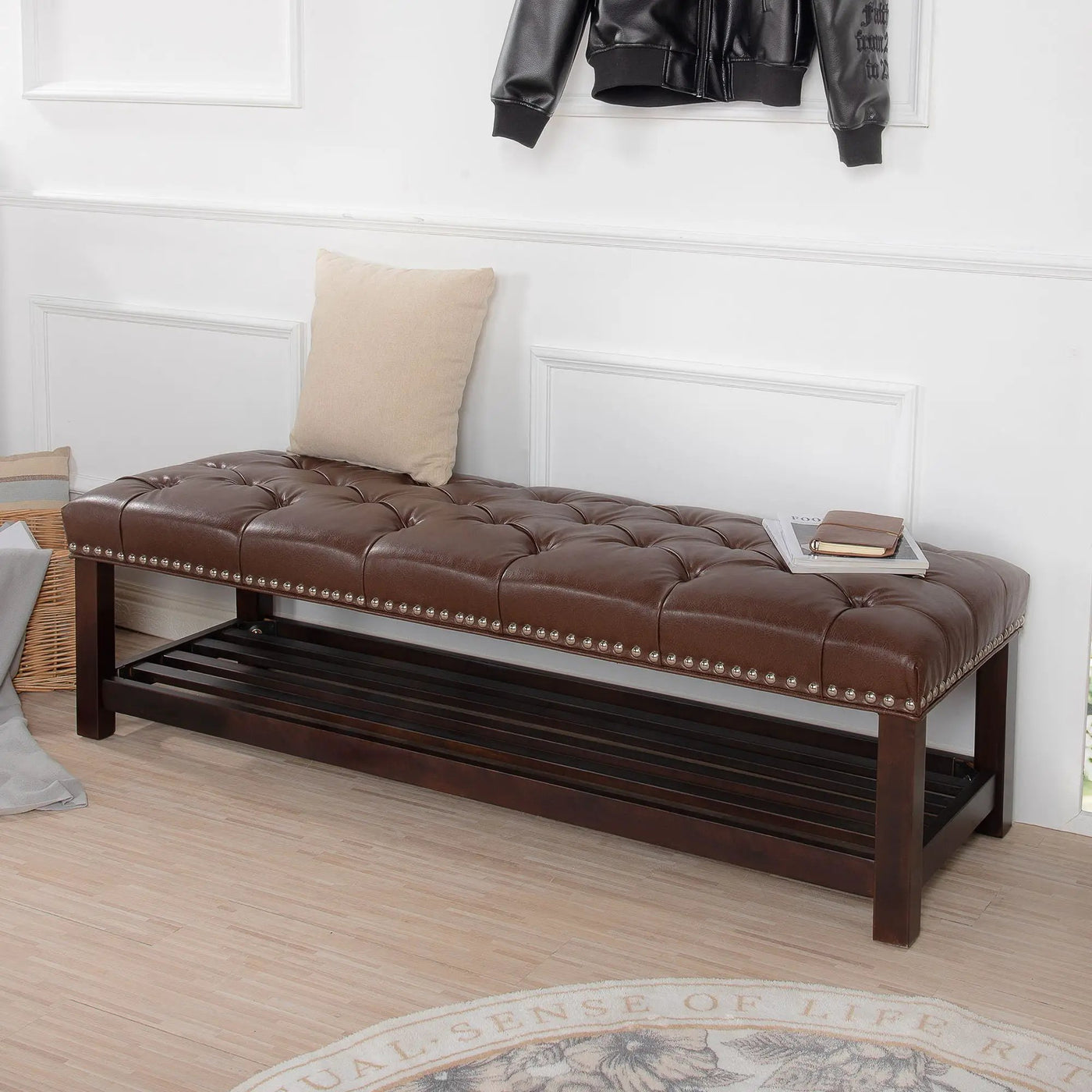 Bedroom End Of Bed Bench Tufted Upholstered End Of Bed Bench End Of Bed Entrance Shoe Bench With Nailhead Trim And Shelf Bedroom Upholstered Bench Living Room Shoe Rack Footstool by Unique Piece Furniture