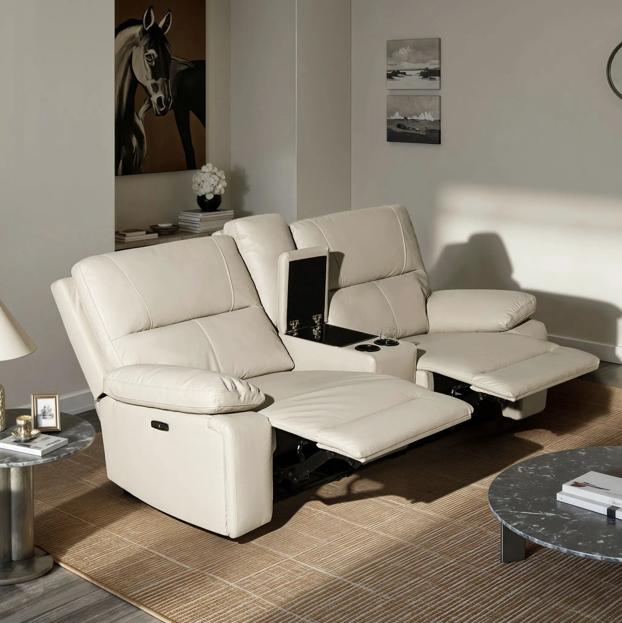 Malibu - Modern Power Motion 3 Piece Reclining Loveseat Sofa With Cup Holders - Cream Taupe Beige by HouseOfZazla