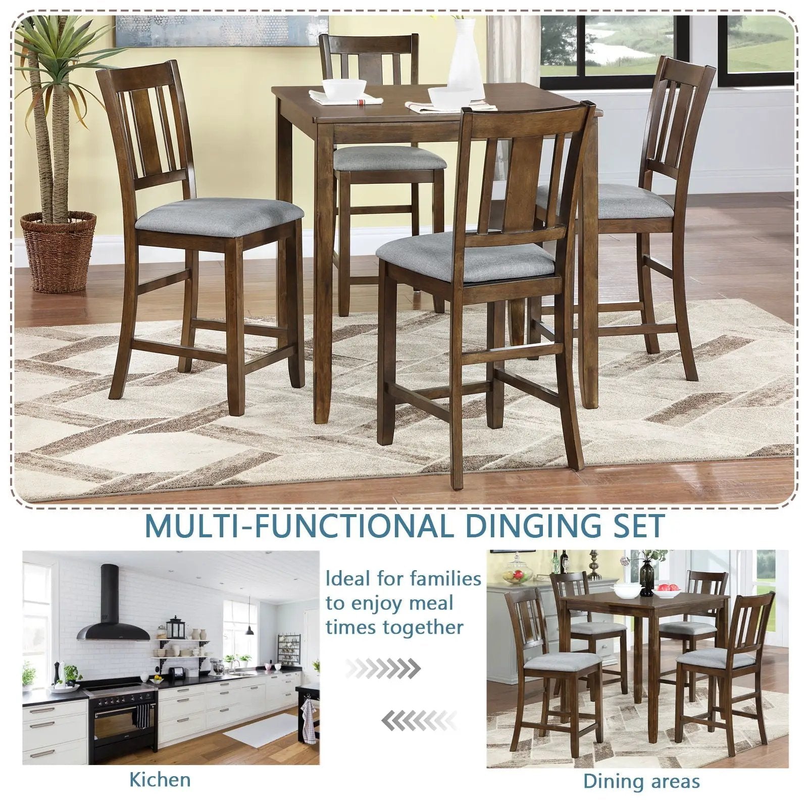 5 Pieces Dining Table Set, Counter Height Kitchen Table Set With Square Table And 4 Upholstered Chairs by HouseOfZazla