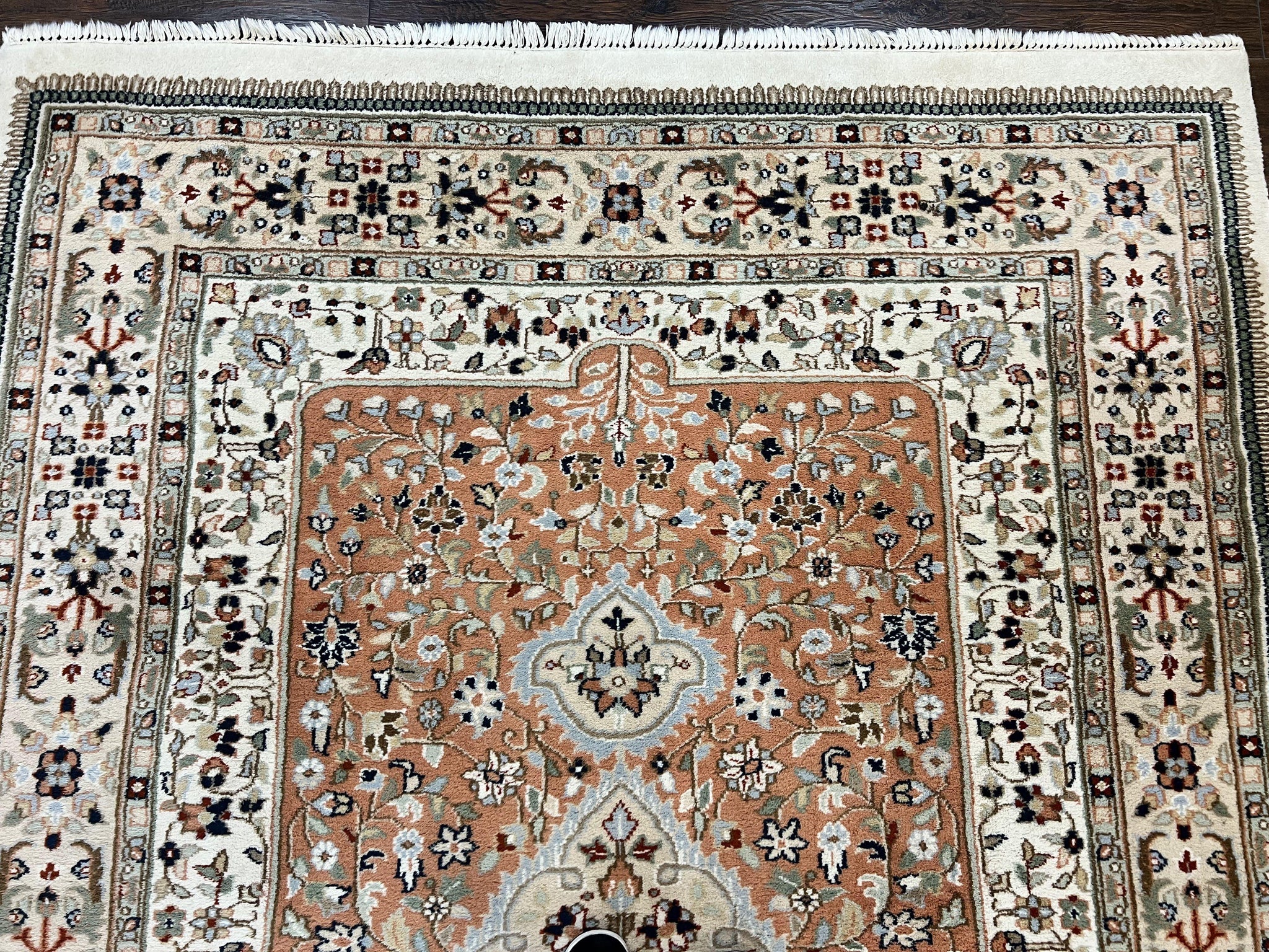 Indo Persian Rug 6x9, Wool Hand Knotted Vintage Carpet, Salmon & Ivory, Traditional Oriental Rug 6 x 9 by Jewel Rugs