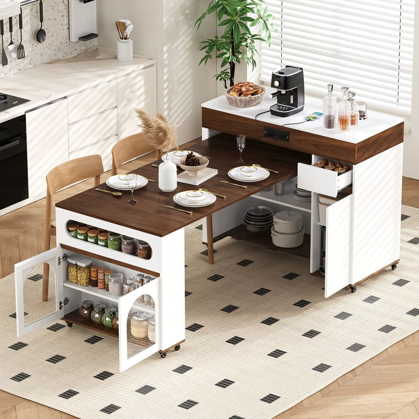 Extendable Dining Table With Folding Top, Rolling Kitchen Island With Drawers And Power Outlet by Unique Piece Furniture