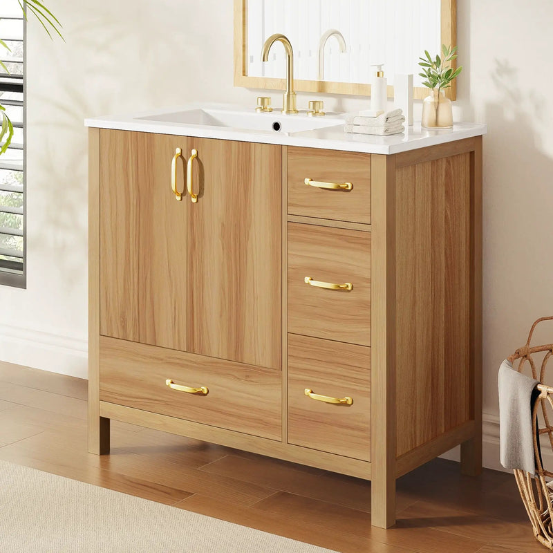 36" Bathroom Vanity, 2 Soft Close Doors, 4 Soft Close Drawers, Adjustable Shelf, Storage Cabinet - Acacia Wood by Unique Piece Furniture
