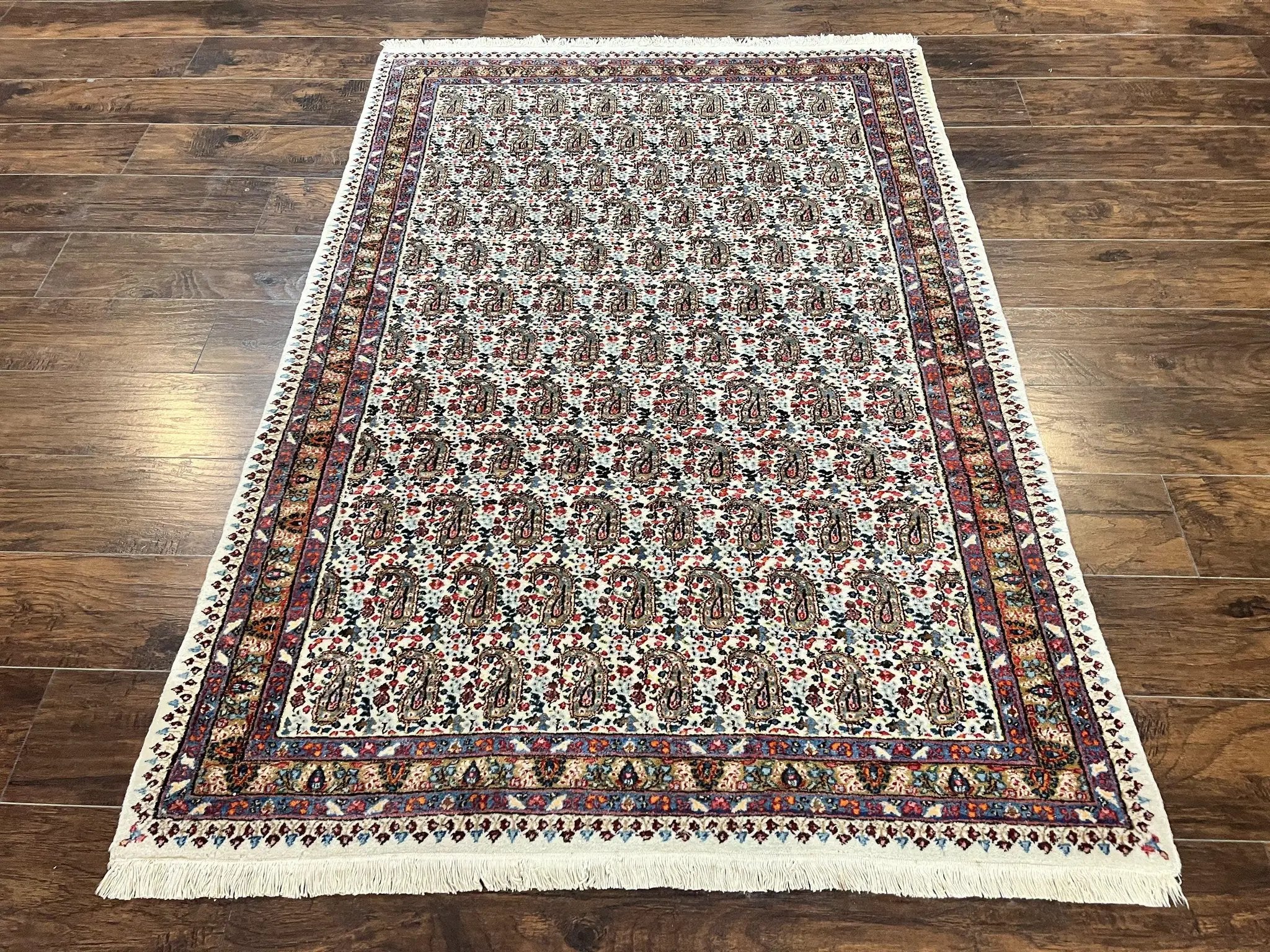 Persian Rug 4x6, Mashad Kashmar Rug, Boteh Paisley Design, Allover Repeated Pattern, Ivory Hand Knotted Vintage Semi Antique Persian Oriental Carpet by Jewel Rugs