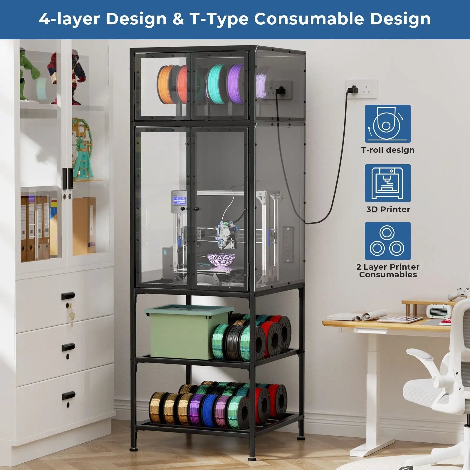 3D Printer Cabinet With Double Layer Filament Storage, T-Shaped Filament Bar, Noise Reducing And Dust Proof Design - Black by Unique Piece Furniture